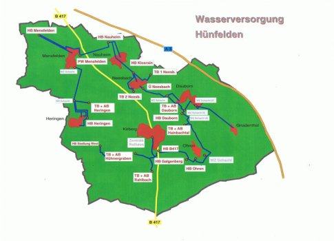 Karte der Tiefbrunnen, Hochbehälter und Aufbereitungsanlagen im Gemeindegebiet